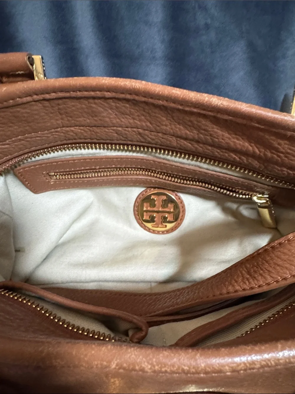 Tory Burch Cognac Pebbled Leather Shoulder Bag with Logo Medallion